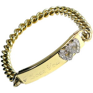 Vtg JB Champion Engraved I Love You Curb Chain Rhinestone Double Heart Bracelet